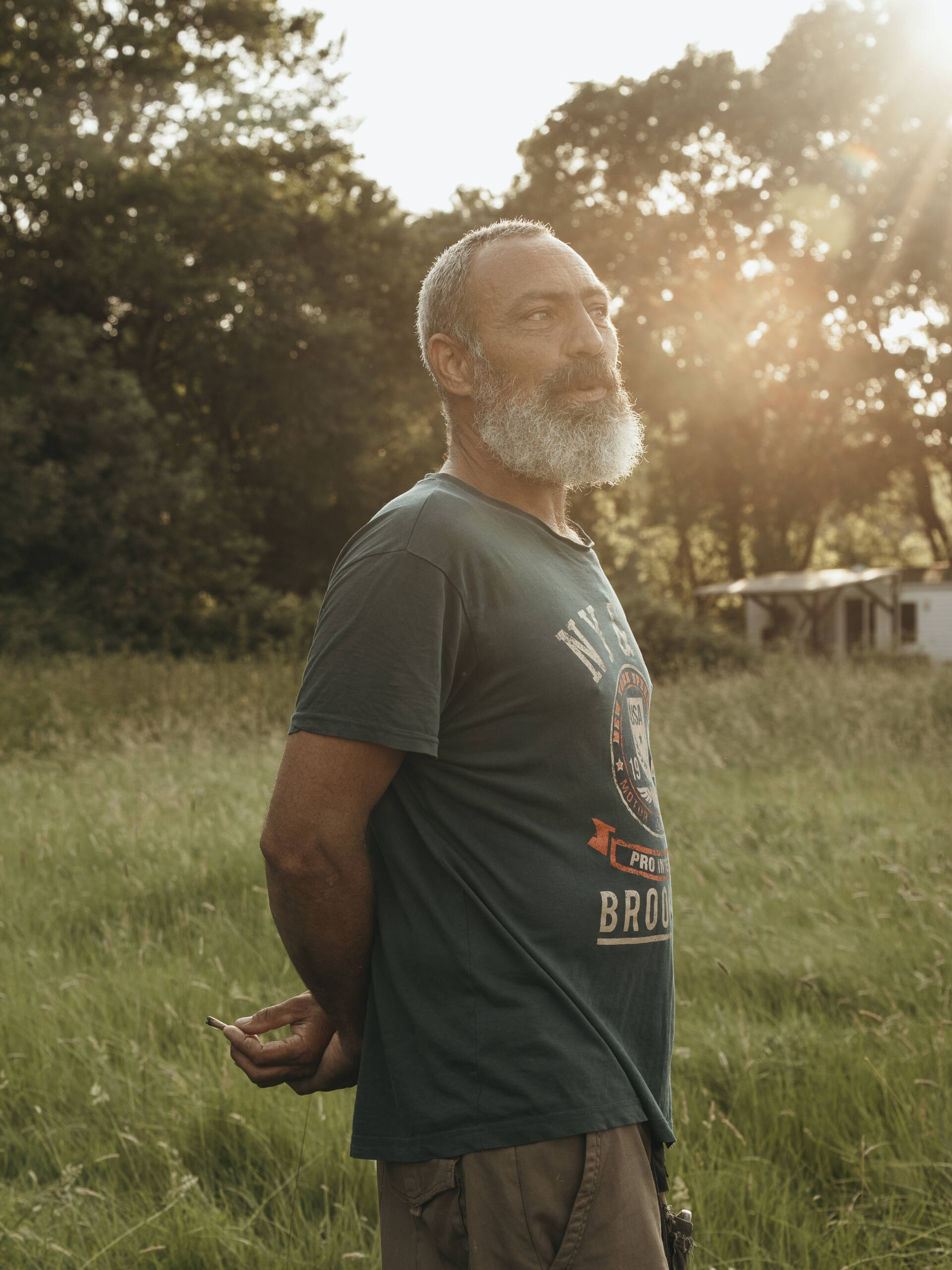 Homme barbu dans un champ, à contre-jour dans le soleil couchant